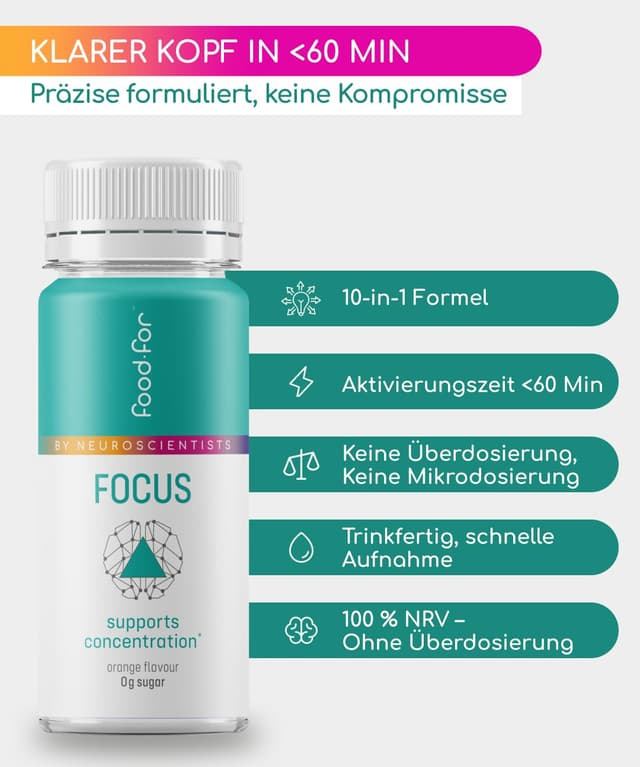 Detalle 2 de FOODFOR FOCUS Booster „Dopamine“ 60 ml – Fokus-Shot mit L-Theanin, L-Tyrosin, Guarana & Ginkgo (zuckerfrei, 6-Pack)