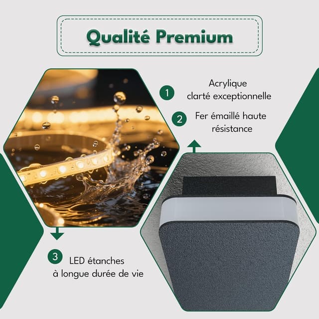 Detalle de Applique murale LED noire étanche IP65 longue 12W (3000 K) en métal pour intérieur/extérieur