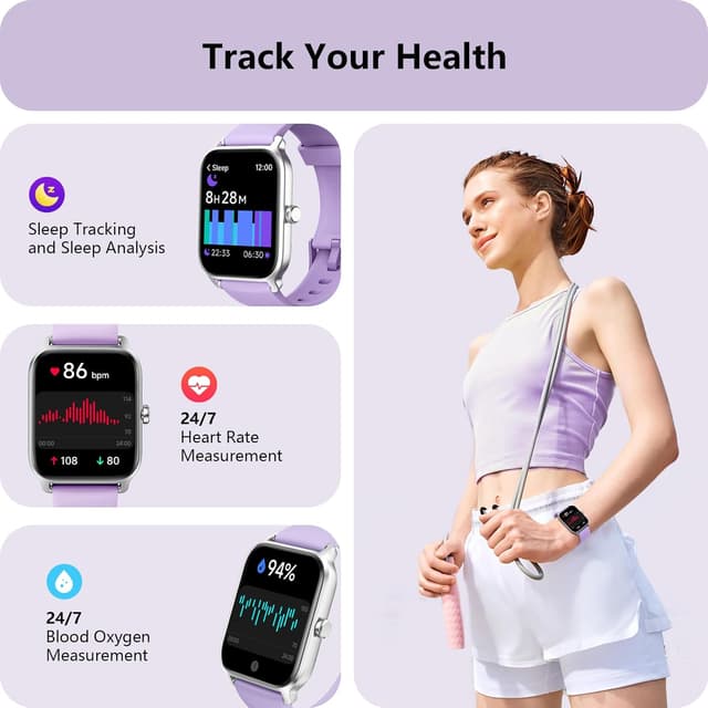 Detalle de Smart Watch for Men & Women (Alexa Built-in, Bluetooth Calling, 1.8" HD) with Heart Rate, SpO2 & Sleep, IP68 – Purple