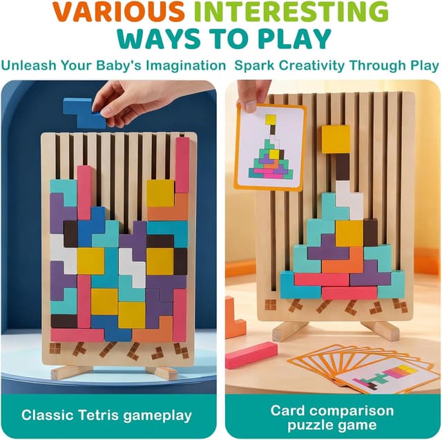 Detalle de Holzpuzzle Tetris – Montessori Lernspielzeug aus Naturholz (3D Stapel-/Steckpuzzle) für Kinder ab 3