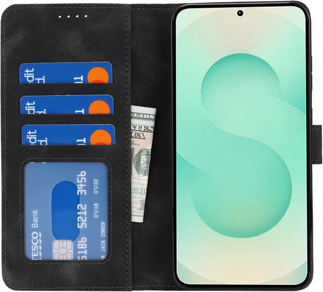 Detalle 2 de Zouzt Hülle für Samsung Galaxy S25 Plus – Stoßfeste PU-Leder Klapphülle mit Kartenhalter und Standfunktion (Vintage Schwarz)