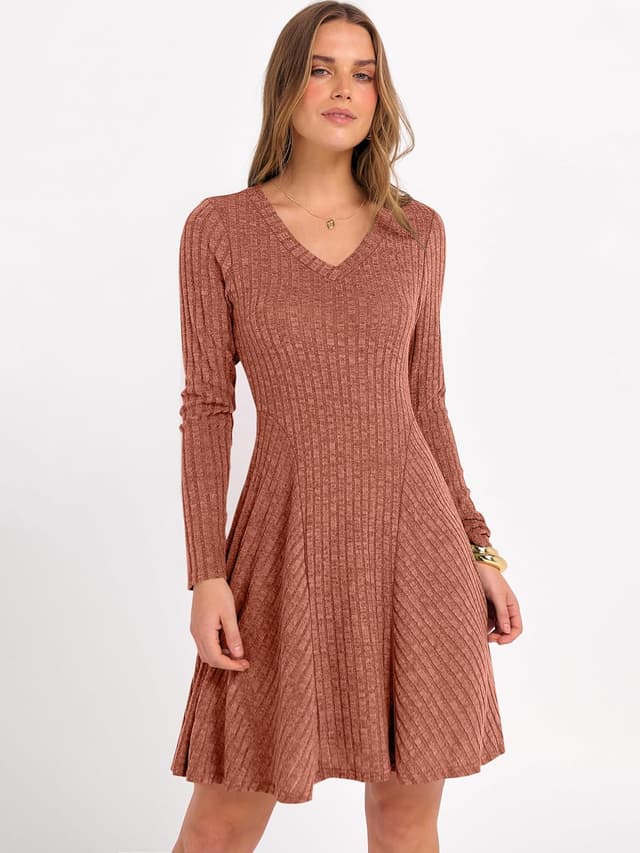 Detalle 2 de ANRABESS Knit Short Dress for Women, V-Neck, Long Sleeve, A-Line