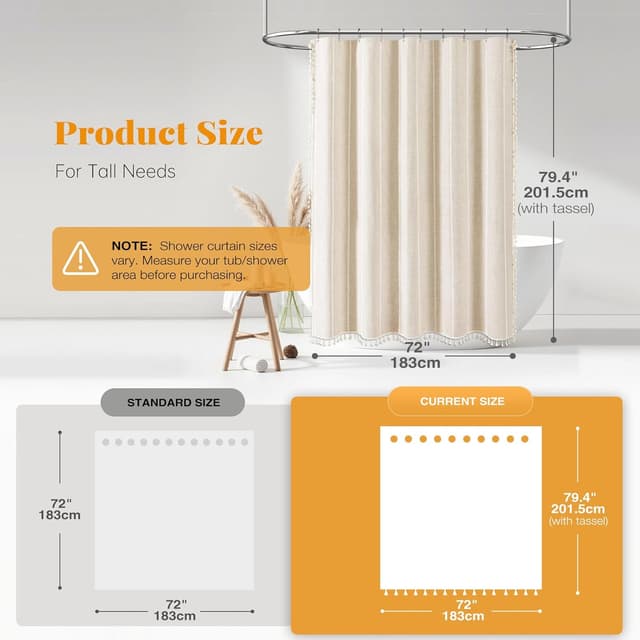 Detalle de BTTN 78 Inch Long Boho Farmhouse Linen Blend Shower Curtain Set (Cream/Beige, 72x78) with Plastic Hooks
