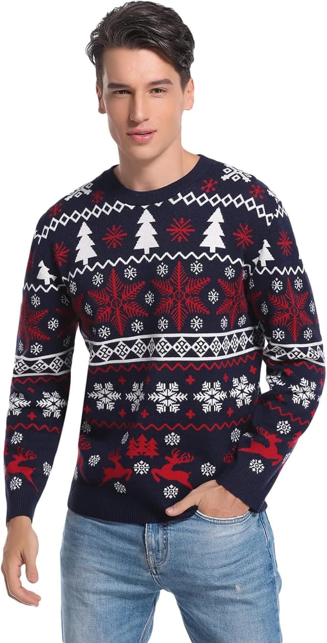 Detalle 2 de Litherday Pull de Noël en maille tricot à col rond imprimé motifs famille (unisexe) S à XXL
