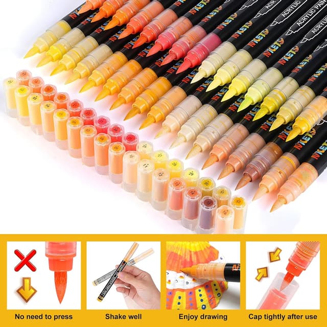 Detalle 2 de NICETY 32 Colour Yellow Acrylic Paint Pens (1–5mm) – Water-Based Acrylic Markers with Brush Tip
