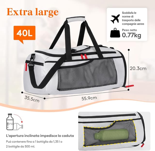 Detalle de Lifewit Borsone palestra 40L 3-in-1 con vano scarpe e tasche impermeabili, grigio argento (55 x 36 x 20 cm)