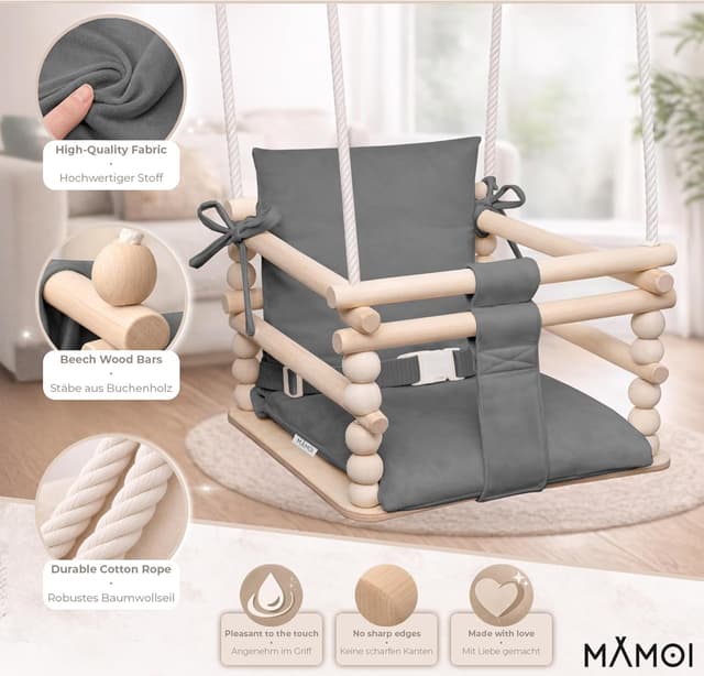 Detalle 2 de MAMOI Altalena per bambini Baby swing 3 in 1 in legno (per casa e porta), fino a 25 kg