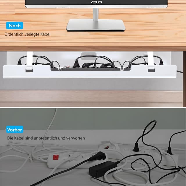 Detalle de Mimoke Kabelmanagement Tray 2er-Set 120 cm (2×60 cm) Stahl – Untertisch-Kabelschale für Schreibtisch, Steckdosenleiste (Weiß)