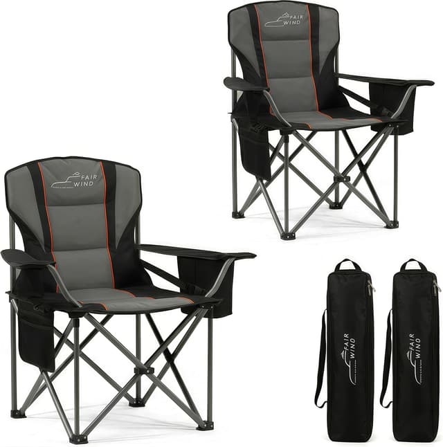 Detalle de FAIR WIND 2-Pack Fully Padded Oversized Camping Chairs with Adjustable Lumbar Support, Cooler Bag & Cup Holder (500 lbs Capacity)