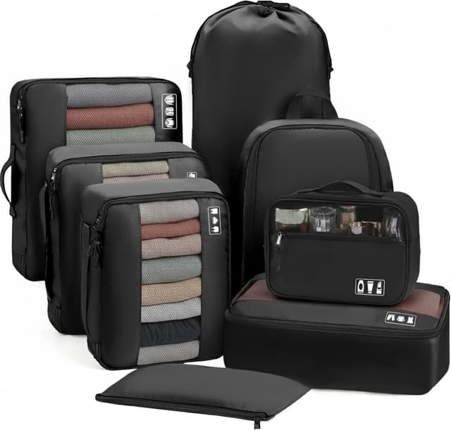 Detalle de MURISE Koffer Organizer 8-teilig: Packing Cubes & Taschen-Set für Urlaub und Reisen, Schwarz