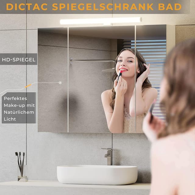 Detalle de DICTAC Armadietto Specchio da Bagno con Luce LED e Presa Elettrica, 80x16x60 cm, Bianco