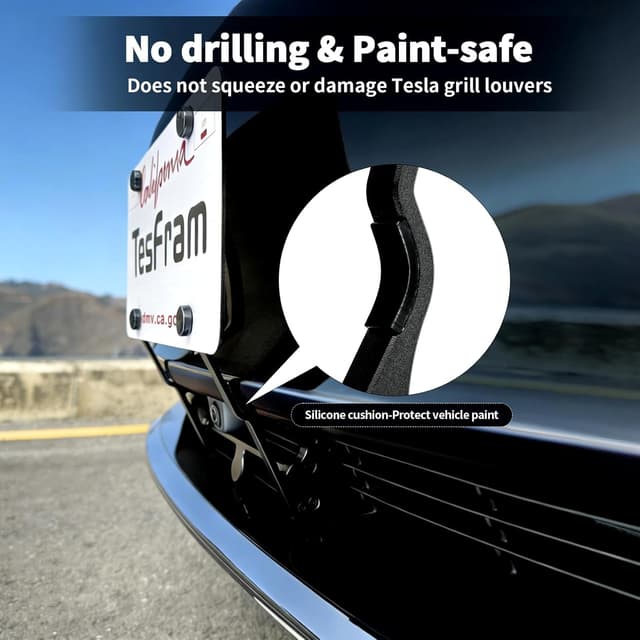 Detalle de TesFram 2026 Tesla Model 3 Front License Plate Holder (No-Drill, Lockable, No Block Camera Visibility)