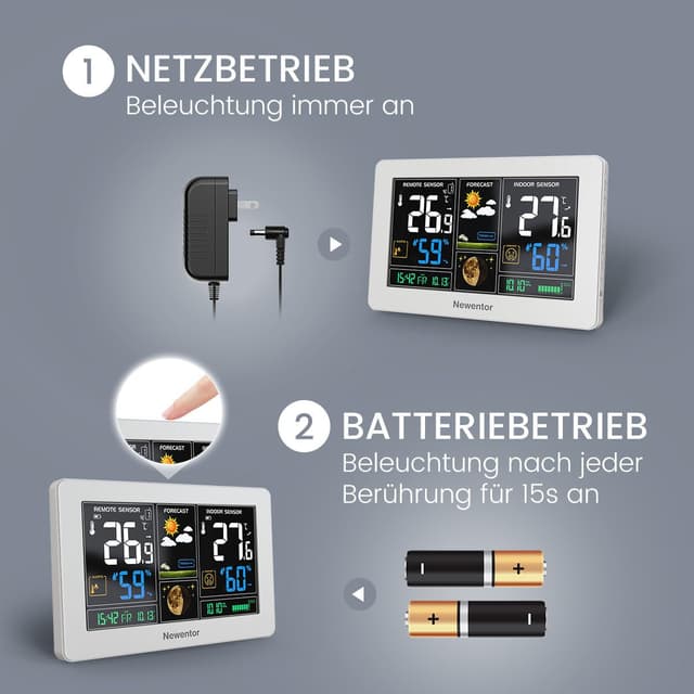 Detalle 2 de Newentor Funk-Wetterstation mit Außensensor, DCF-Funkuhr und Wettervorhersage – inklusive Netzbetrieb