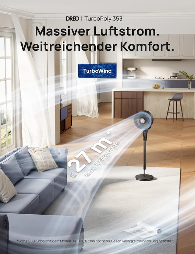 Detalle de DREO Leiser Standventilator für Schlafzimmer (Verbessert) – 27 m Luftstrom, 20 dB, 90° oszillierend