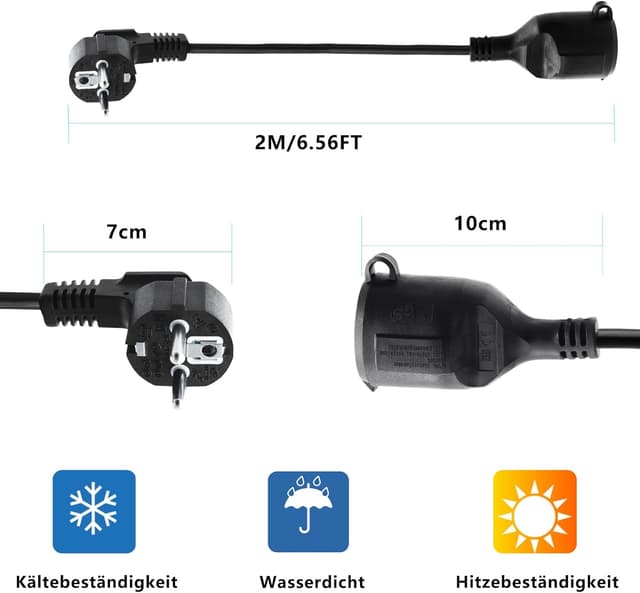 Detalle de LANMINGLEL Outdoor-Verlängerungskabel 90 Grad Schuko, 3x1,5 mm², IP44, 2 m
