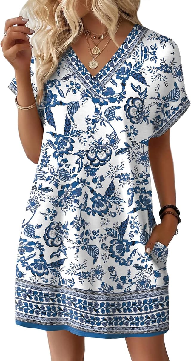 Detalle de WIHOLL Women’s 2025 Casual T-Shirt Dress with Side Pockets (Short Sleeve)