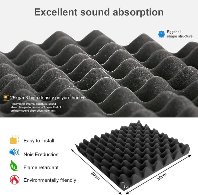 Detalle de JBER 12er-Set selbstklebende Akustikpaneele aus Hochdichtem Akustikschaumstoff (30 × 30 × 3 cm) für Wand & Decke