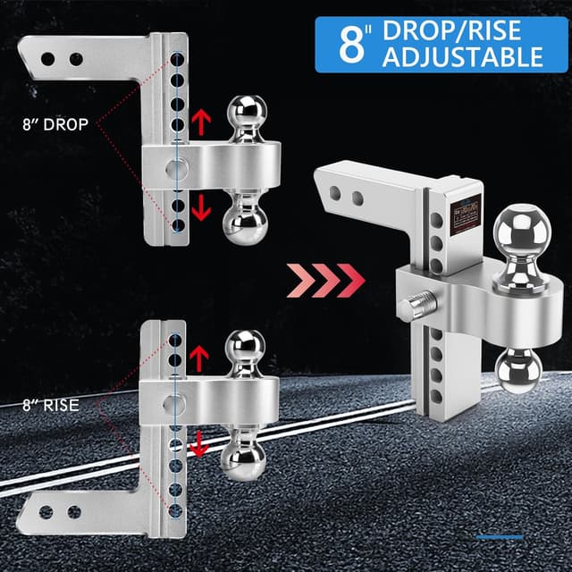 Detalle de Tlvuvmo Drop Hitch Adjustable Trailer Hitch for 2-Inch Receivers (8-Inch Drop/Rise, Dual Ball, Anti-Theft Pins)
