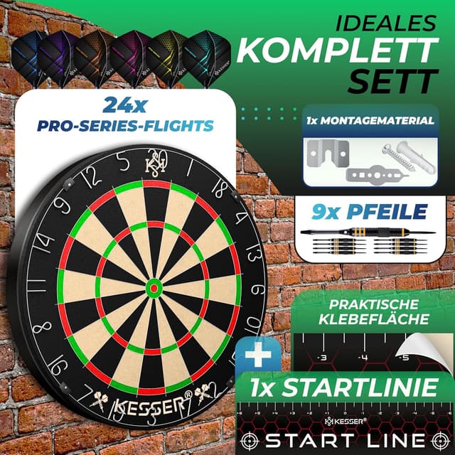 Detalle 2 de KESSER Dartscheibe Sisal mit 9 Dartpfeilen Professional, 24 Pro Flights & Montageset (Steeldart)