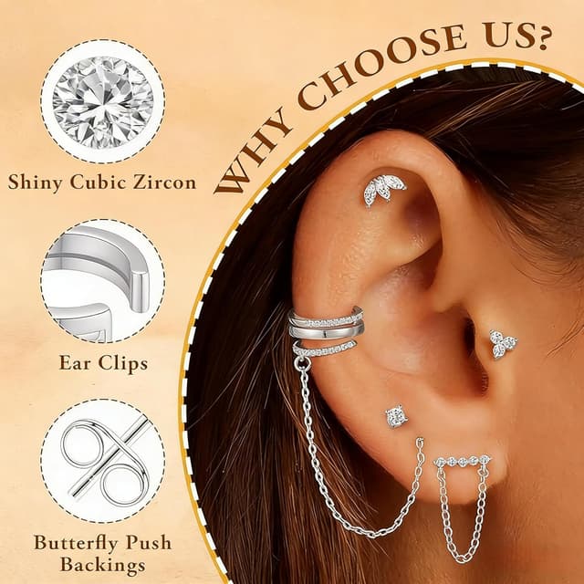 Detalle 2 de Turandoss 6 Paar Ohrringe Set (Silber/Gold, 14K vergoldet) für Damen – Ohrstecker & Ear Cuff mit Kette