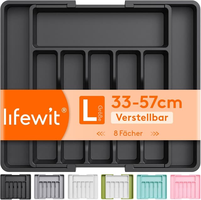 Detalle de Lifewit Besteckkasten für Schubladen (40–50) – verstellbarer Küchen-Organizer, erweiterbar bis 57 cm, 6–8 Fächer, Schwarz