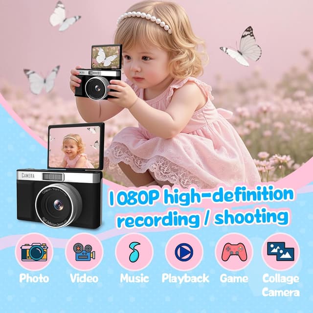 Detalle de Kids Digital Camera with 180° Flip Screen, 32GB Card and 1080P HD Video (Black)