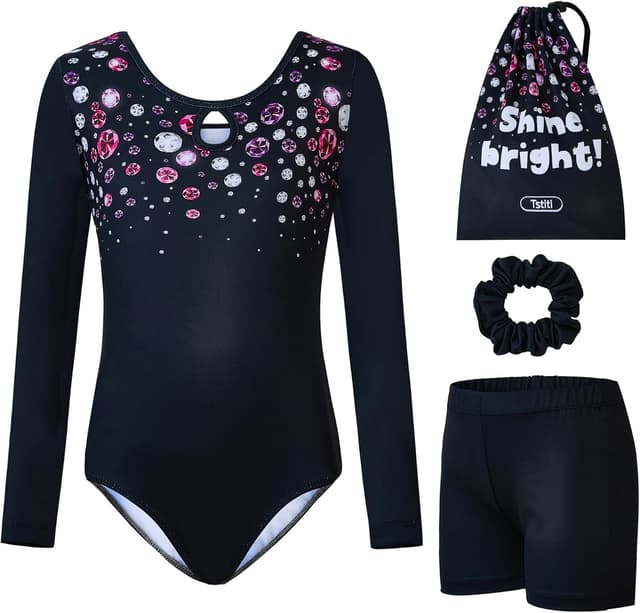 Detalle de Tstiti Gymnastics leotards for girls (long sleeve) with shorts and storage bag, ages 3–12