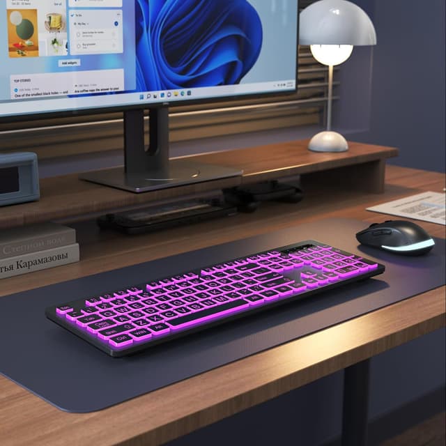 Detalle 2 de KOPJIPPOM Large Print Wireless Keyboard and Mouse Combo with 7-Color Backlit Keys (Rechargeable, 2.4GHz)