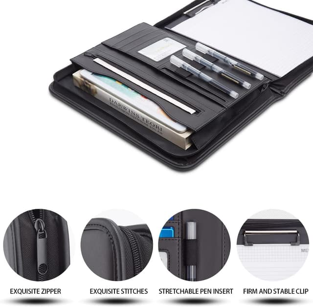 Detalle 2 de Leathario Portfolio Folder A4 Conference Folder with Notepad – vegan leather zip padfolio organiser
