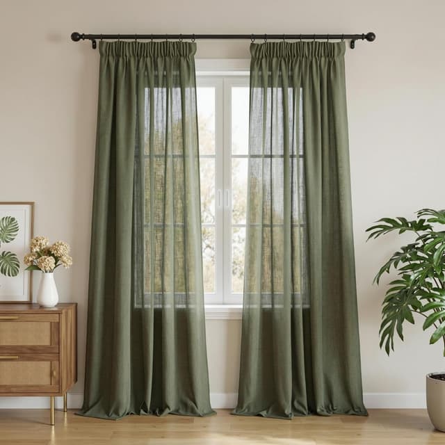 Detalle 2 de MYSKY HOME Gardinen Wohnzimmer Vorhänge mit Kräuselband in Leinenoptik (2er-Set) – halbtransparent, naturähnlicher Stil