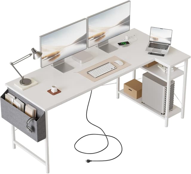 Detalle de Mericonia Small L-Shaped Desk with Power Outlets, 140x70 cm (White) with Reversible Shelves