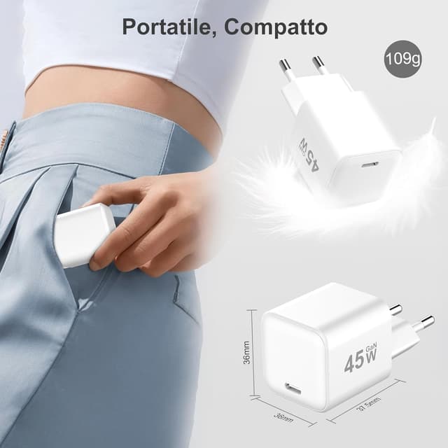 Detalle de YISH caricatore USB-C GaN 45W con PD 3.0 e cavo USB-C 1 m (compatto)