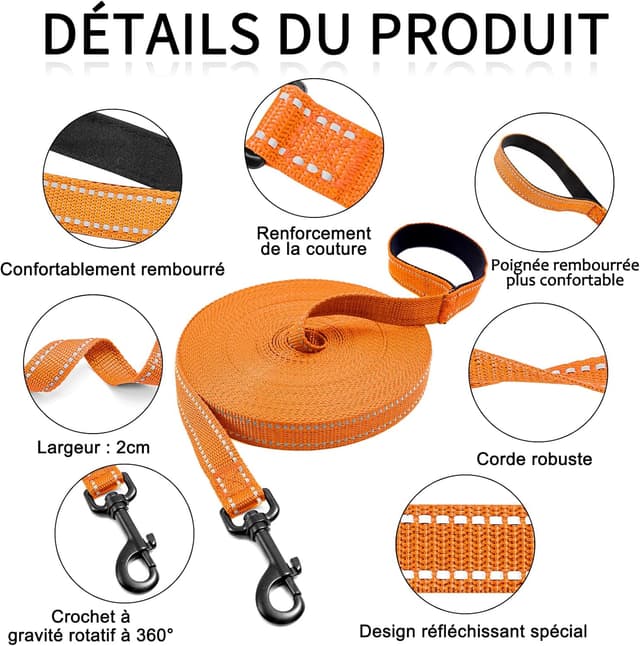 Detalle de COMSLE Long Leads for Dog Training extra long nylon dog leash (3m–20m) with rotating buckle handle