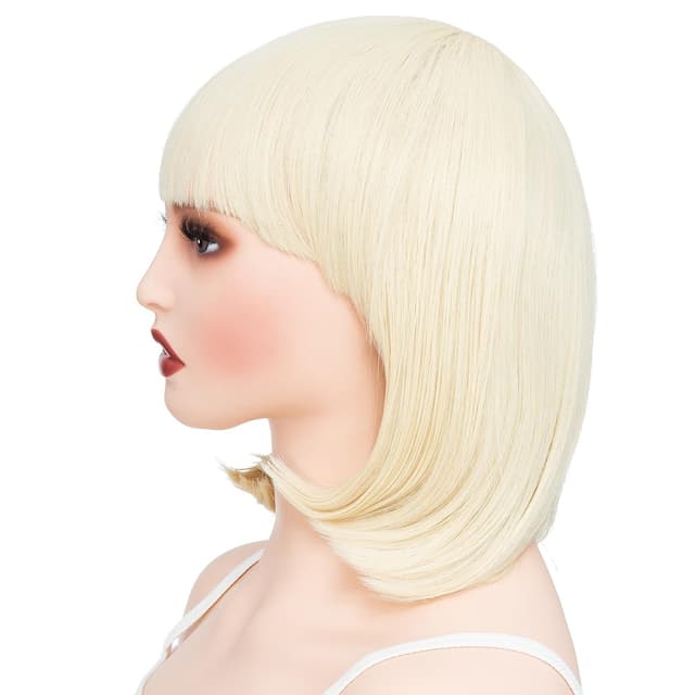 Detalle 2 de PARXITN Bob-Perücke mit Pony (blond, wellig) – Synthetikhaar, ca. 28 cm Schulterlänge