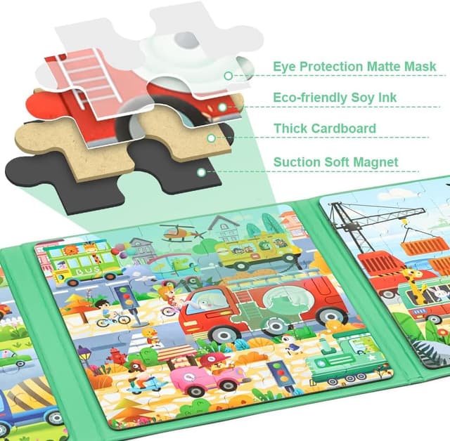 Detalle de Aolso Magnetic Puzzles for Kids (Ages 3–5) – Toddler Travel Jigsaw Book with Traffic Scenes