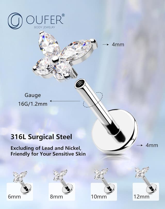 Thumbnail 2 de OUFER Labret 16G Acier 316L 6–12 mm Papillon CZ