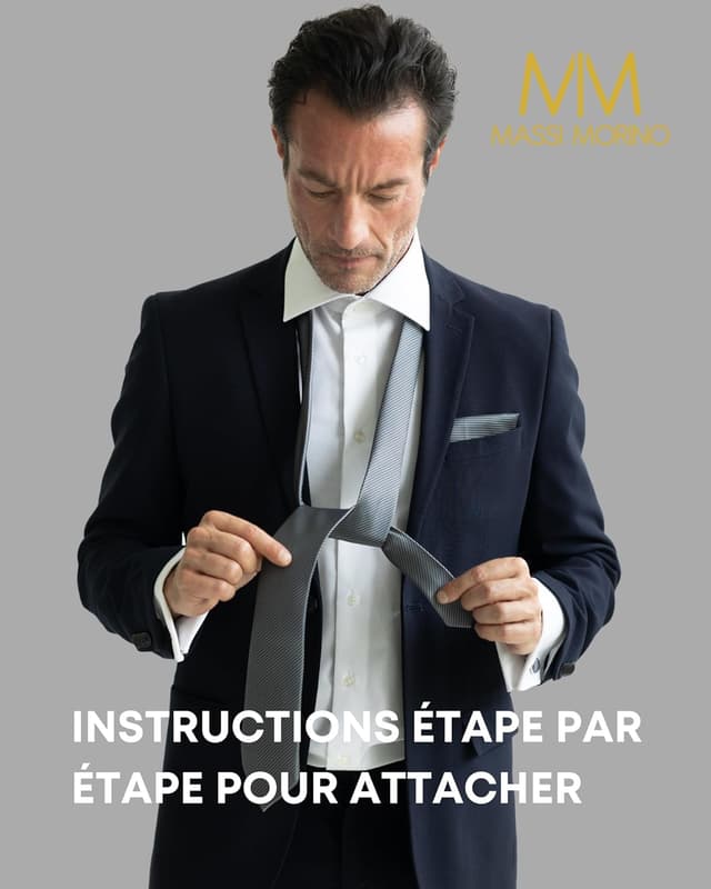 Detalle de Massi Morino Cravate Homme en coffret cadeau 5-en-1 avec mouchoirs de poche, boutons de manchette et pince à cravate