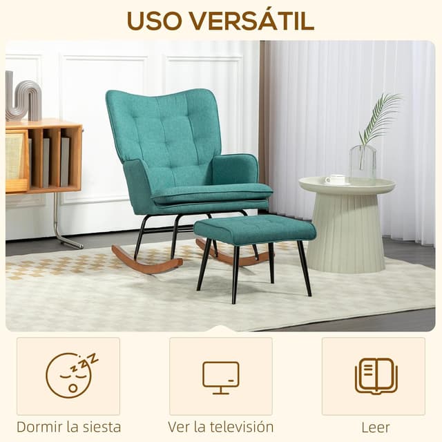 Thumbnail 5 de HOMCOM Silla Mecedora con Reposapiés Verde Azulado
