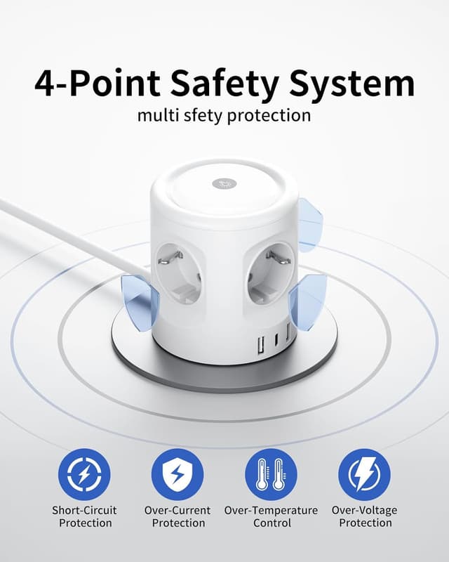 Thumbnail 6 de Ciabatta multipresa con luce e 3 porte USB (USB-C + USB-A) 16A 2 m con interruttore, ciabatta a 4 scomparti Schuko