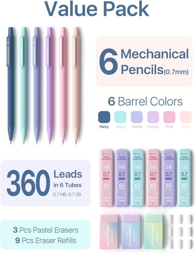 Detalle 2 de Four Candies 0.7mm Mechanical Pencils (HB & 2B) with Pastel Eraser Set – 16-count value pack