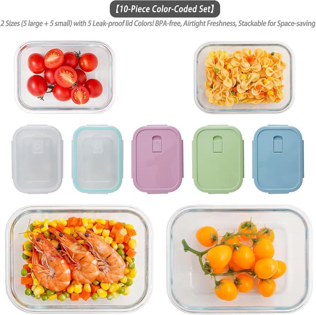 Thumbnail 6 de MerryNine Glass Food Storage Containers 10-Pack (1040ml & 370ml) with Airtight Leakproof Lids