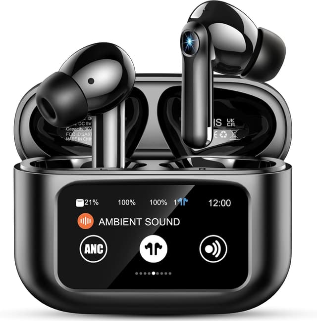 Detalle de buwy Bluetooth Kopfhörer mit Touch-LED-Display, ANC+ENC und IP7 Schutz (40 Std., Schwarz)