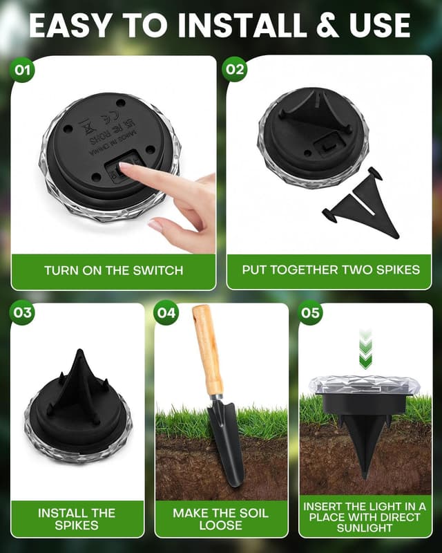 Detalle 2 de 8 Pack Solar Ground Lights Outdoor – 8 LED Solar Disk Lights with 600mAh Battery, IP68 Waterproof (Bright White)