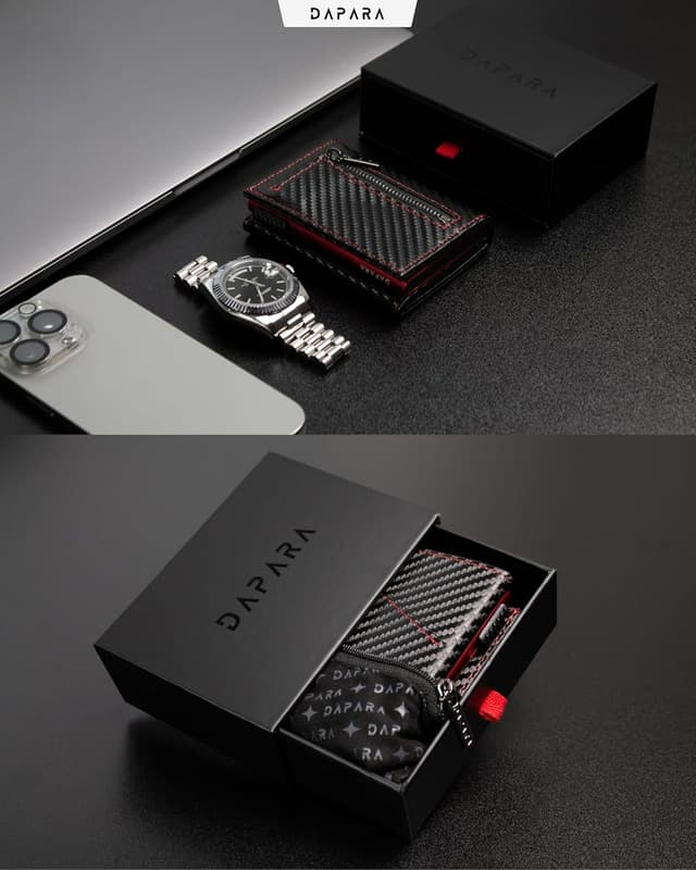 Detalle de DAPARA Herren-Geldbörse Slim Wallet Carbon Red 2 mit Münzfach, RFID-Schutz & Platz für 12 Karten