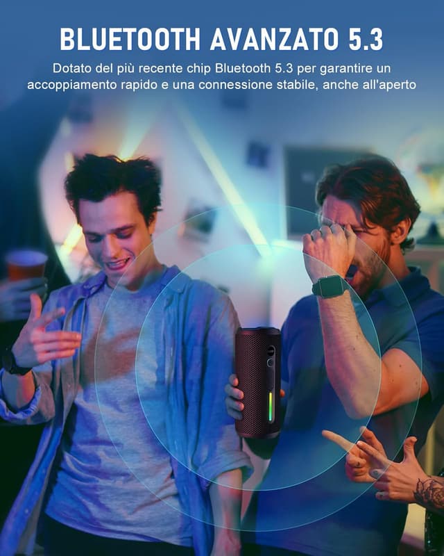 Detalle de OHAYO Cassa Bluetooth portatile 24W con Bluetooth 5.3, luci RGB e IPX7