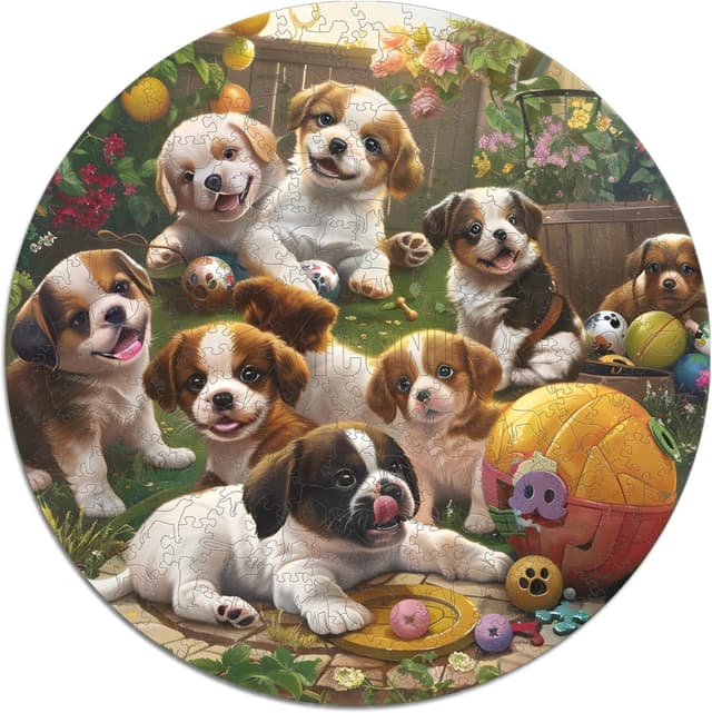 Detalle de Iconic Puzzles 🐶 Cachorros en el Jardín, Puzzle de Madera, 350 Piezas
