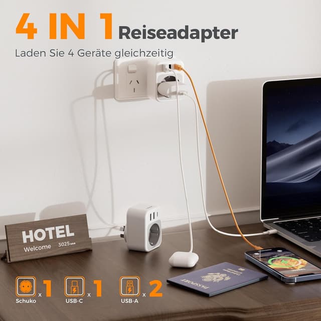 Detalle de TESSAN 2er Reiseadapter Australien/Deutschland mit USB-C (Type I) – erweiterbar auf Schuko und USB A
