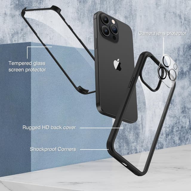 Detalle 2 de CENHUFO iPhone 15 Pro case with built-in 9H glass screen protector and camera lens protection (black)