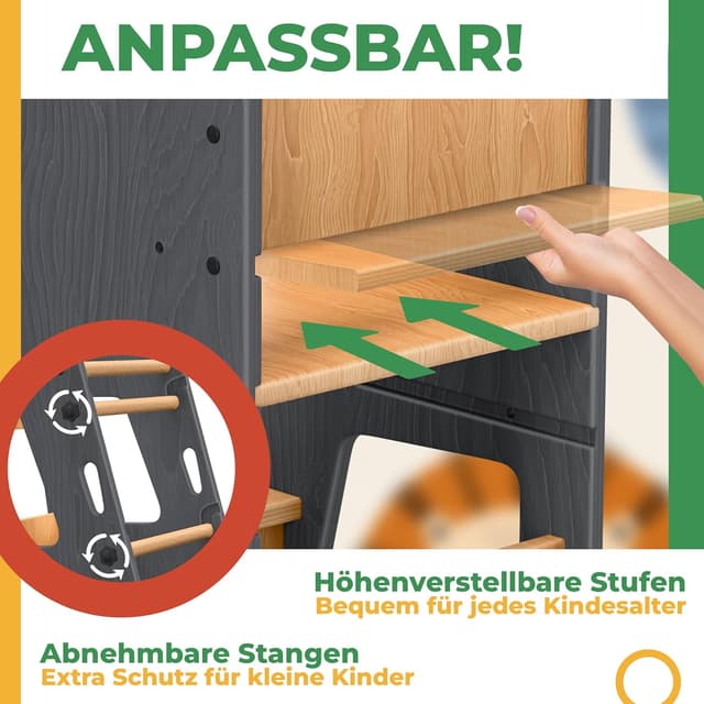 Detalle de KIDIZ® Lernturm für Kinder ab 1 Jahr inkl. Lernuhr – höhenverstellbarer Montessori Learning Tower bis 50 kg