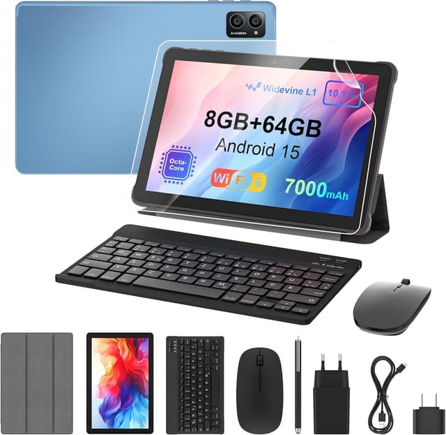Detalle de 10‑Zoll Android‑Tablet (Android 15) mit 8‑Kern, 8 GB RAM, 64 GB Speicher & Zubehörpaket